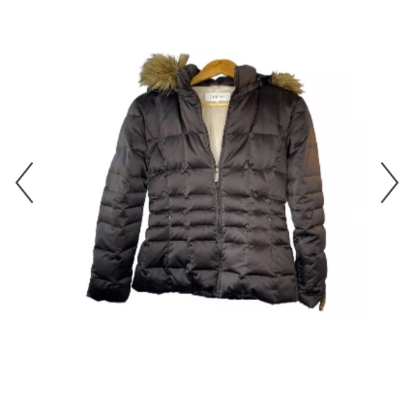 Calvin Klein Womens Down Coat Large Brown Fur Trim Hood Zip Pockets Full Zip - Picture 3 of 9